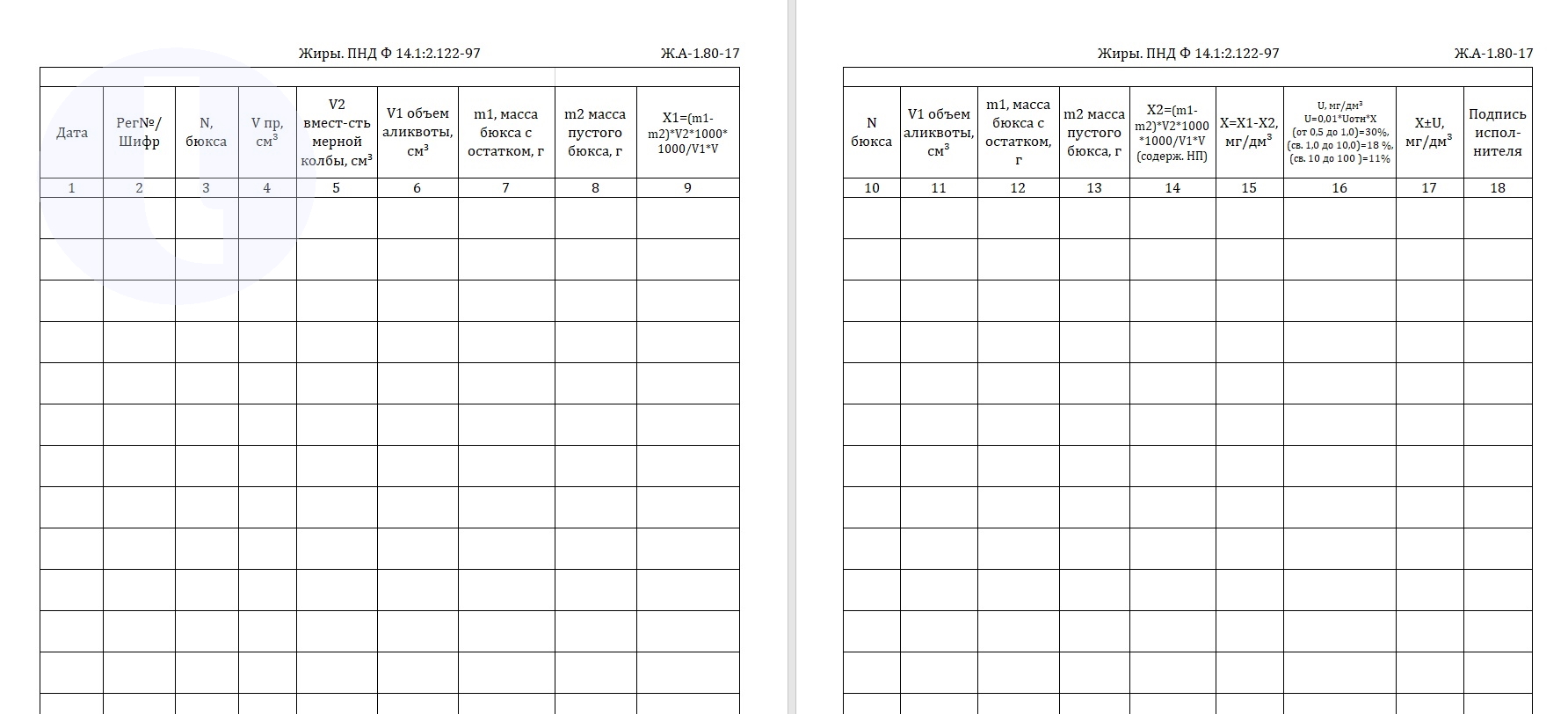 Форма журнала. Жиры. ПНД Ф 14.1.2.122-97