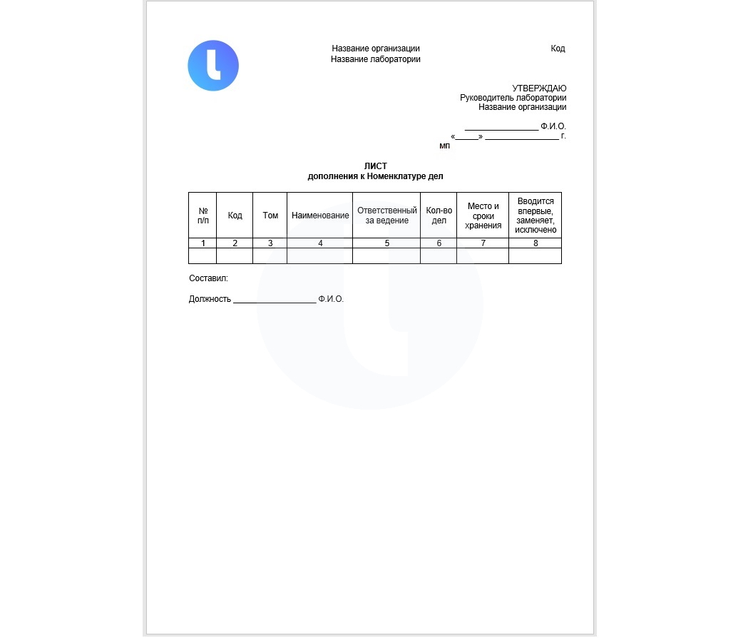 Форма. Лист дополнения к номенклатуре дел. Пример