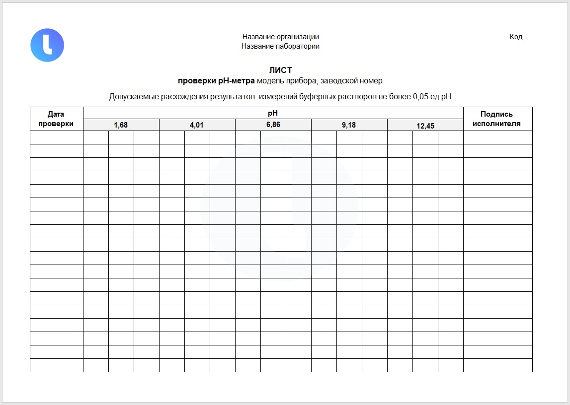 Форма. Лист проверки pH-метра по 5 растворам. Пример