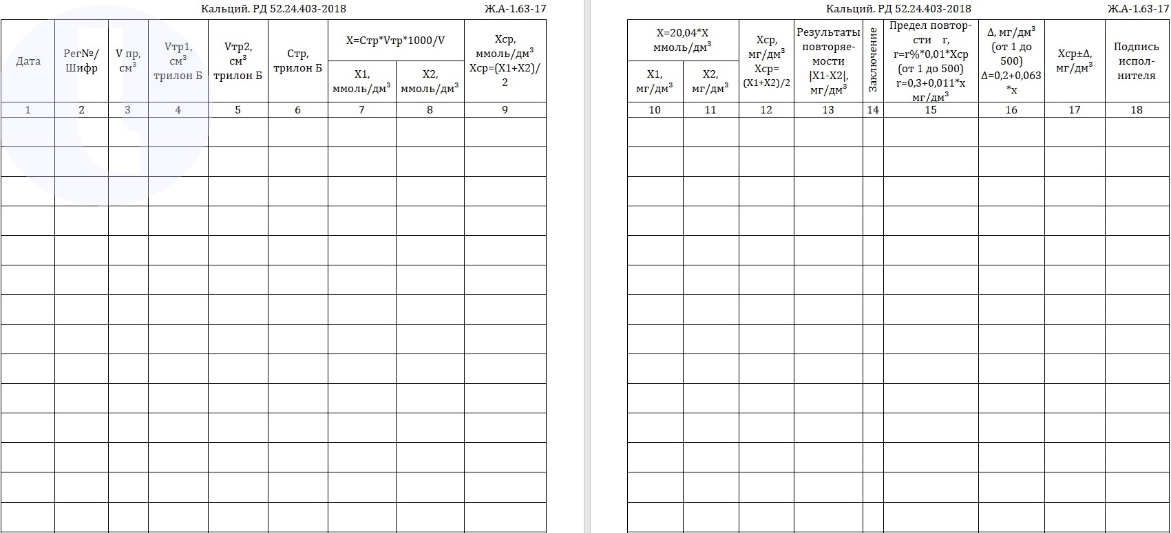 Форма журнала. Кальций. РД 52.24.403-2018