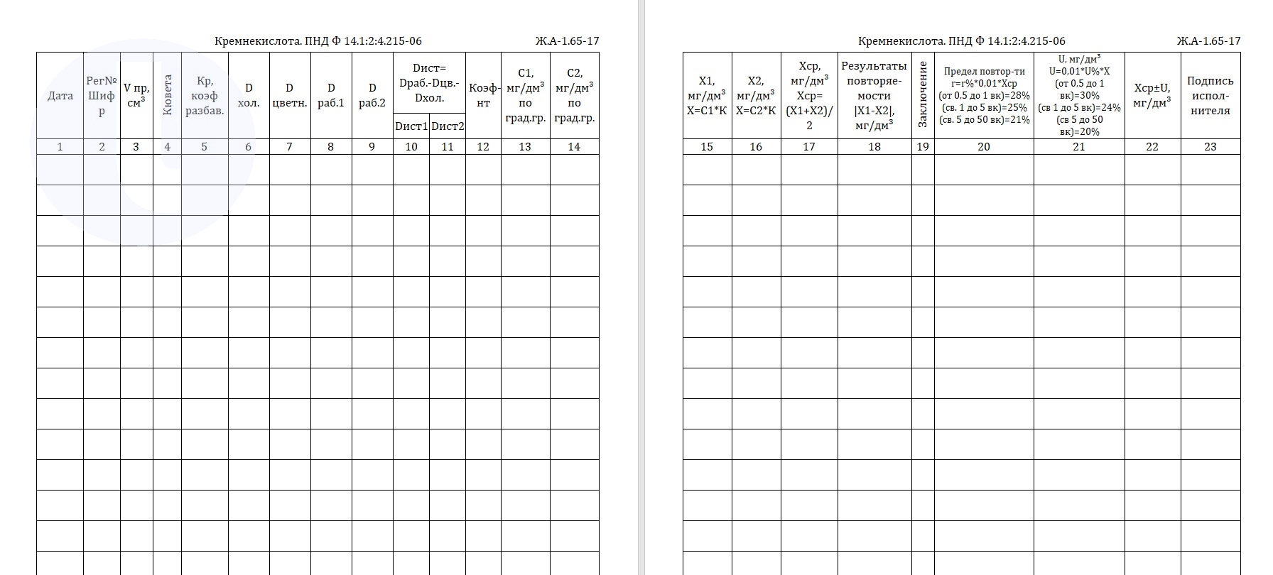 Форма журнала. Кремнекислота. ПНД Ф 14.1.2.4.215-06