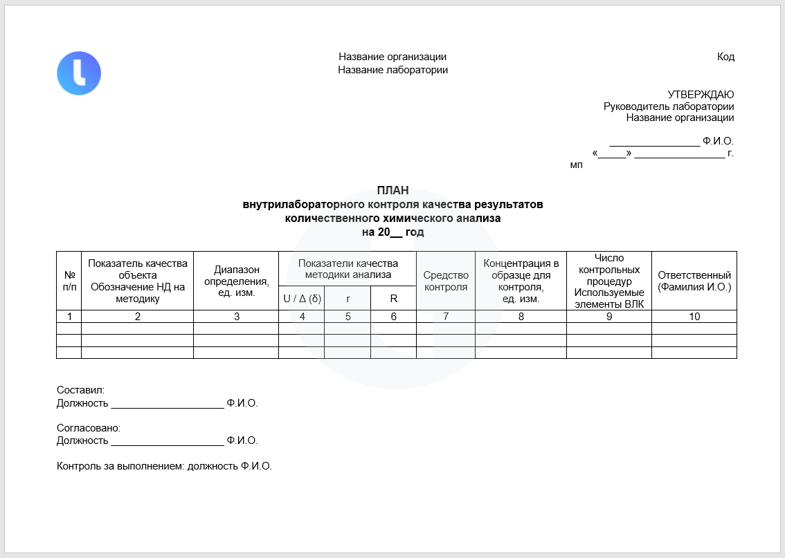 План внутреннего лабораторного контроля результатов химического анализа