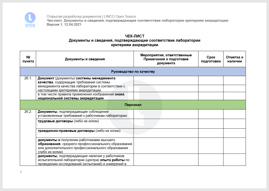 Чек-лист. Документы и сведения, подтверждающие соответствие лаборатории критериям аккредитации