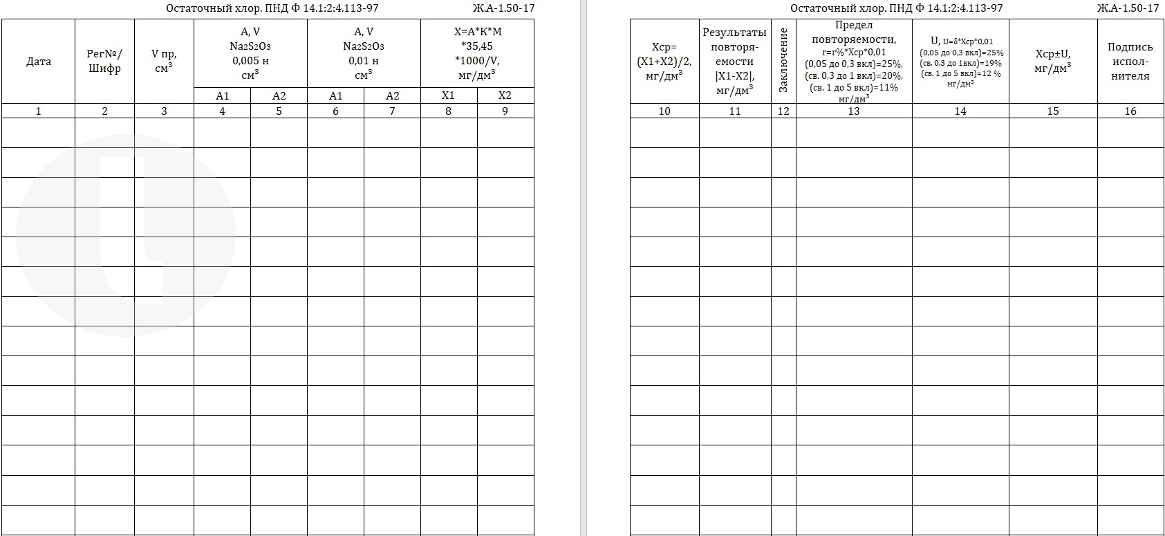 Форма журнала. Остаточный хлор. ПНД Ф 14.1.2.4.113-97