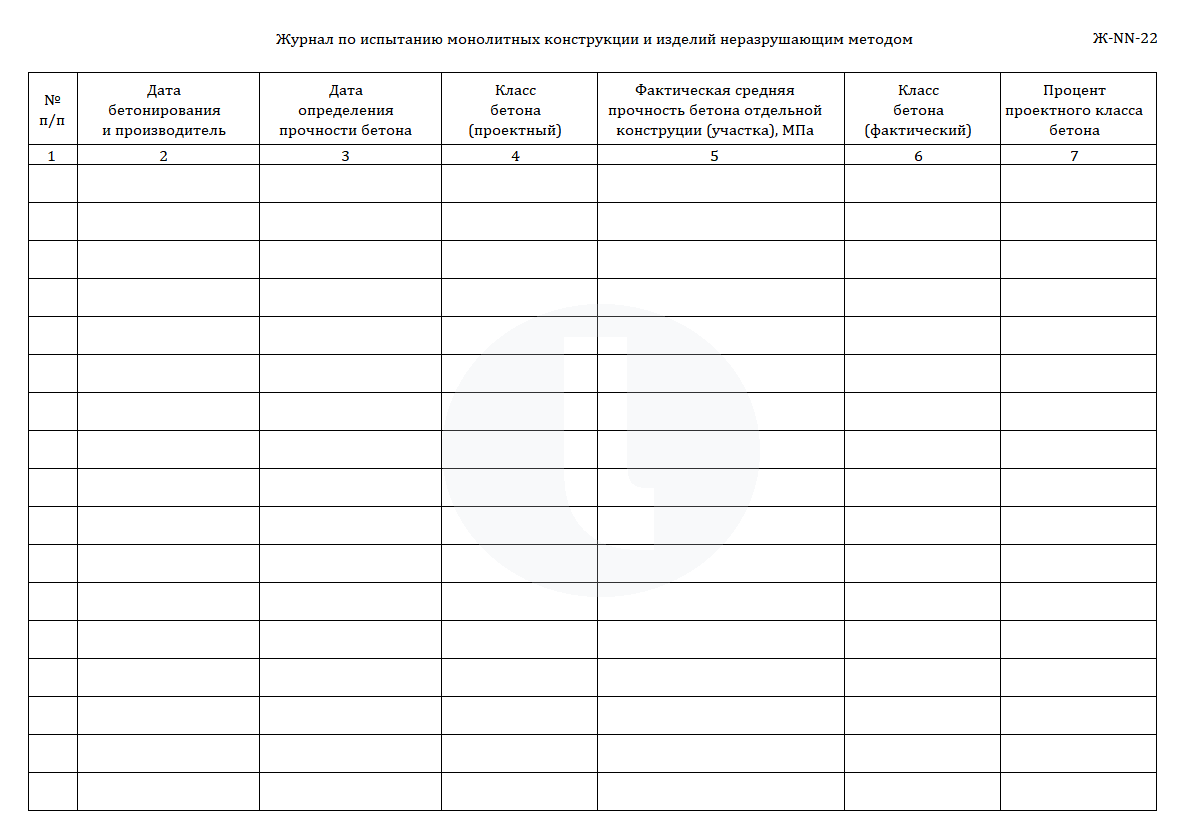 Журнал по испытанию монолитных конструкции и изделий неразрушающим методом