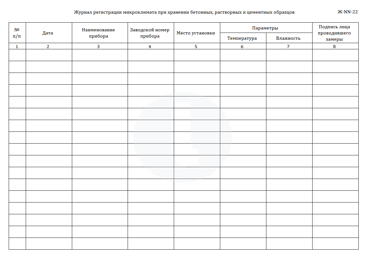 Журнал регистрации микроклимата при хранении бетонных, растворных и цементных образцов