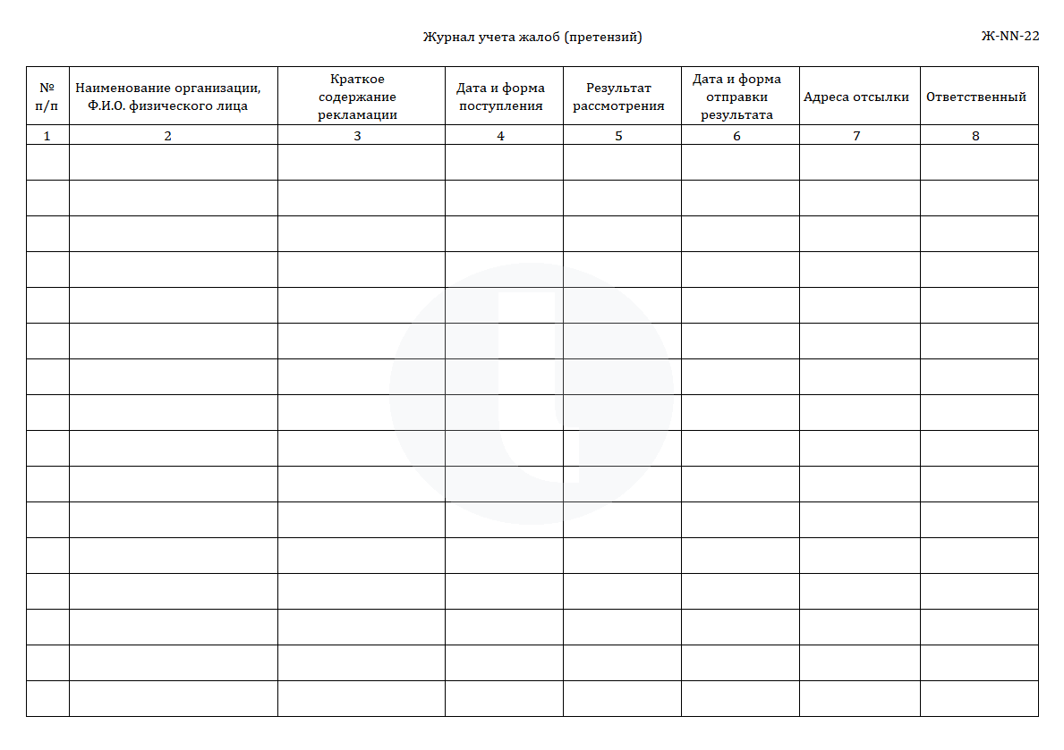 Журнал учета жалоб (претензий)