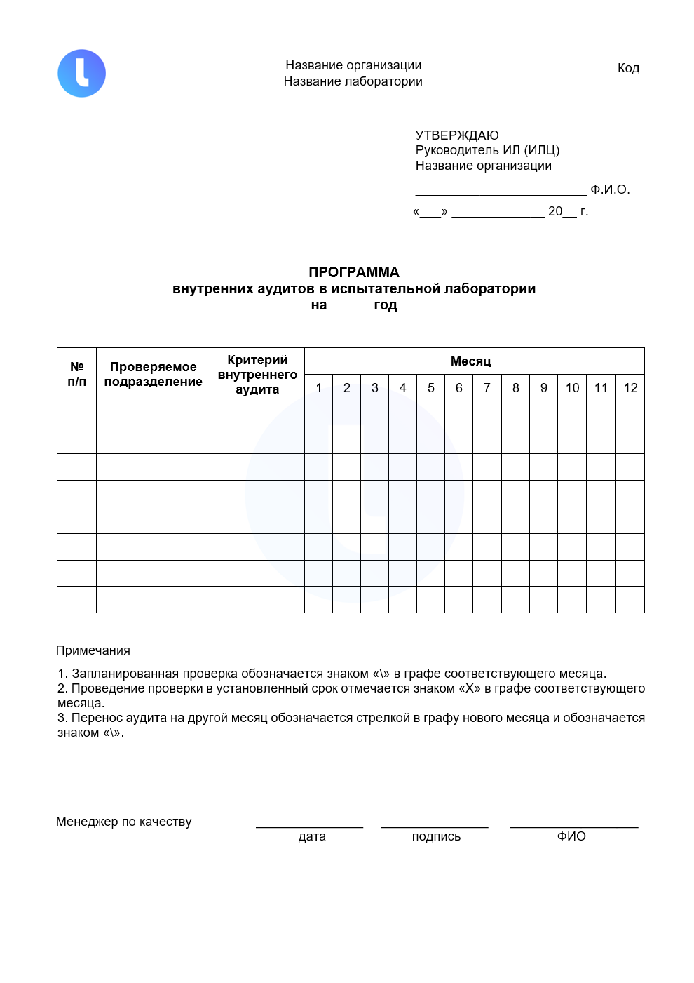 Программа внутренних аудитов в лаборатории на год