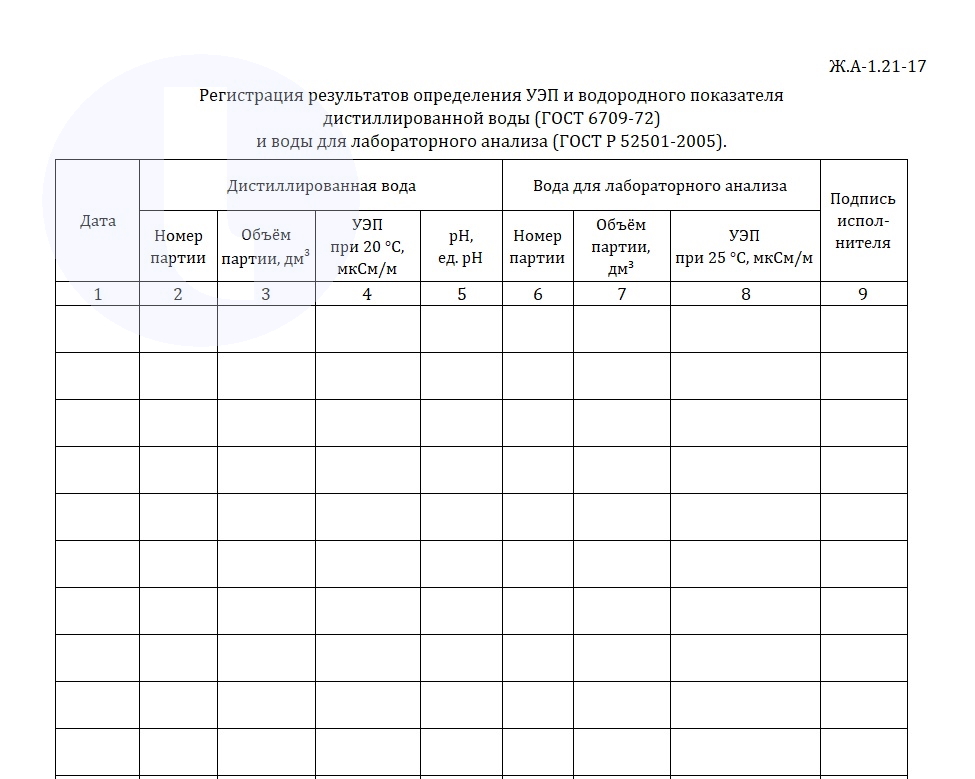 Форма журнала. Регистрация результатов определения УЭП и водородного показателя дистиллированной воды (ГОСТ 6709-72) и воды для лабораторного анализа (ГОСТ Р 52501-2005)