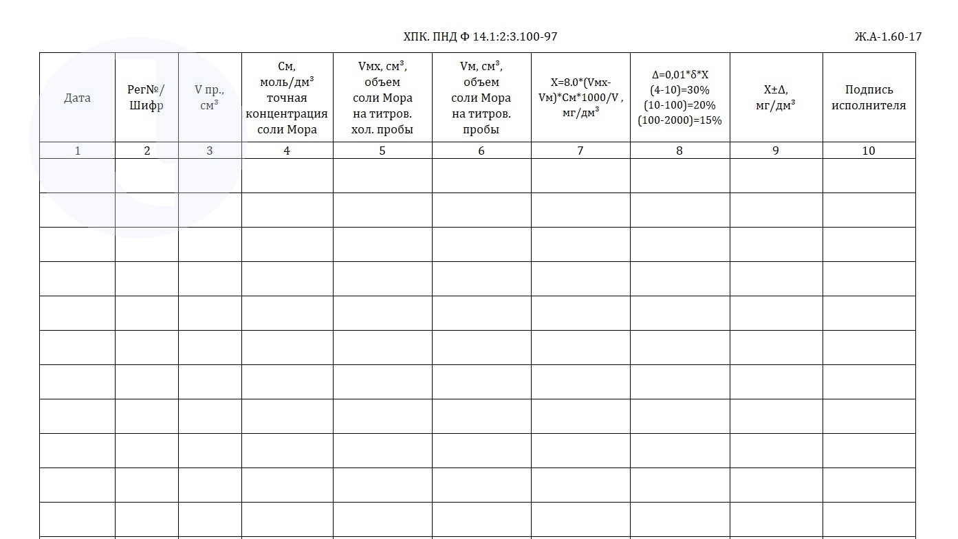 Форма журнала. ХПК. ПНД Ф 14.1.2.3.100-97