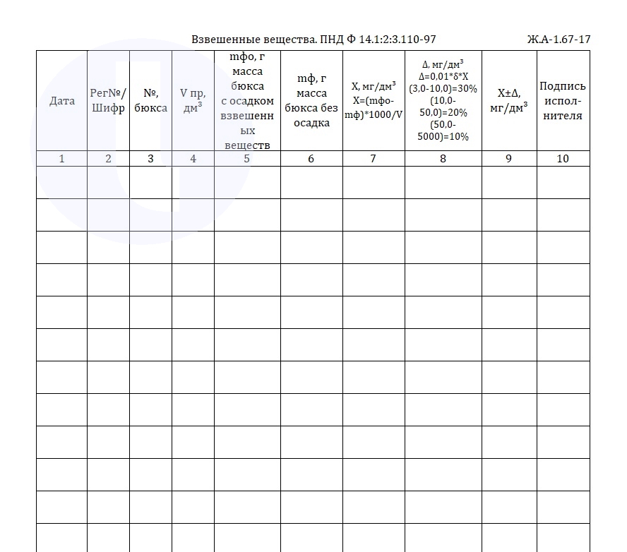 Форма журнала. Взвешенные вещества. ПНД Ф 14.1.2.3.110-97