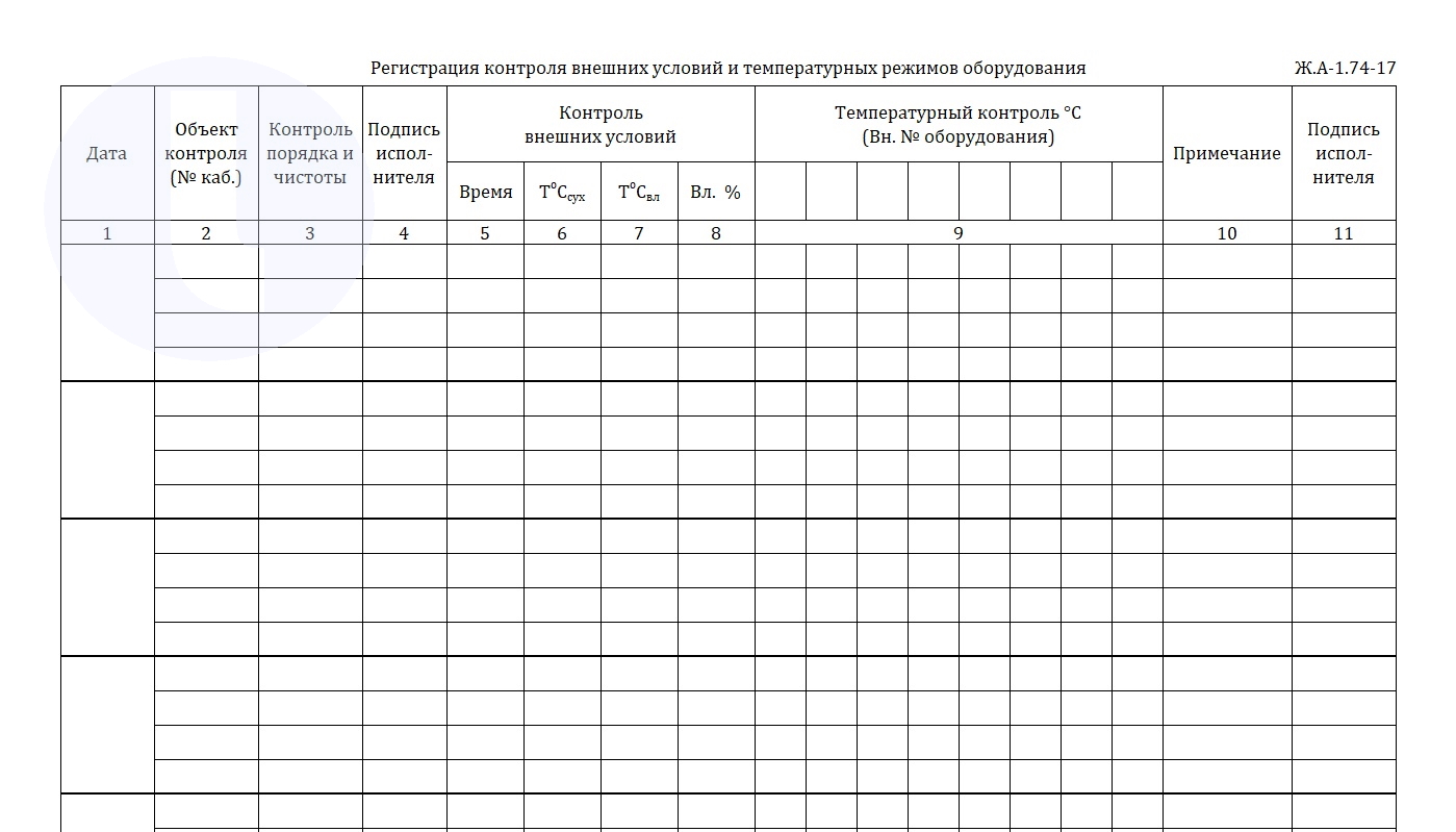 Форма журнала. Регистрация контроля внешних условий и температурных режимов оборудования