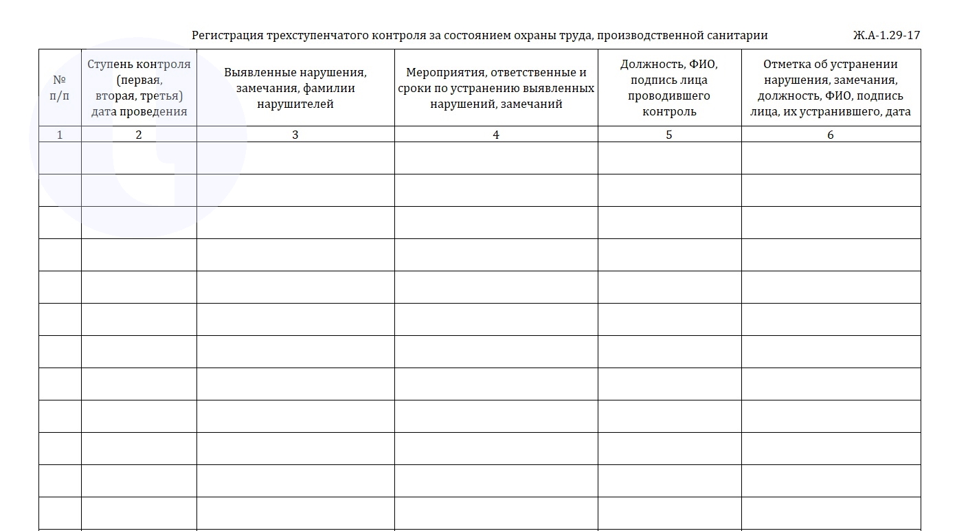 Форма журнала. Регистрация трехступенчатого контроля за состоянием охраны труда, производственной санитарии