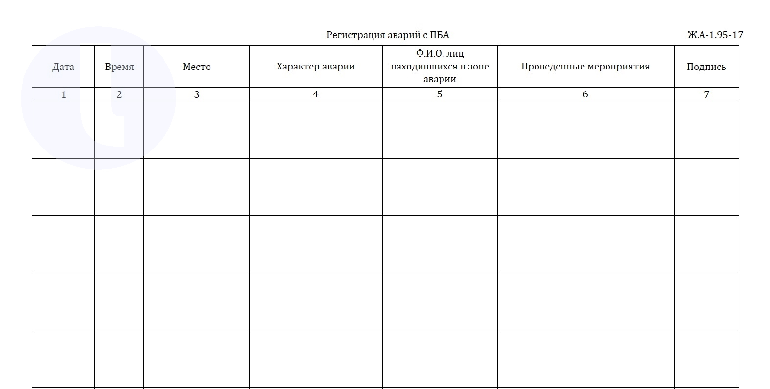 Форма журнала. Регистрация аварий с ПБА