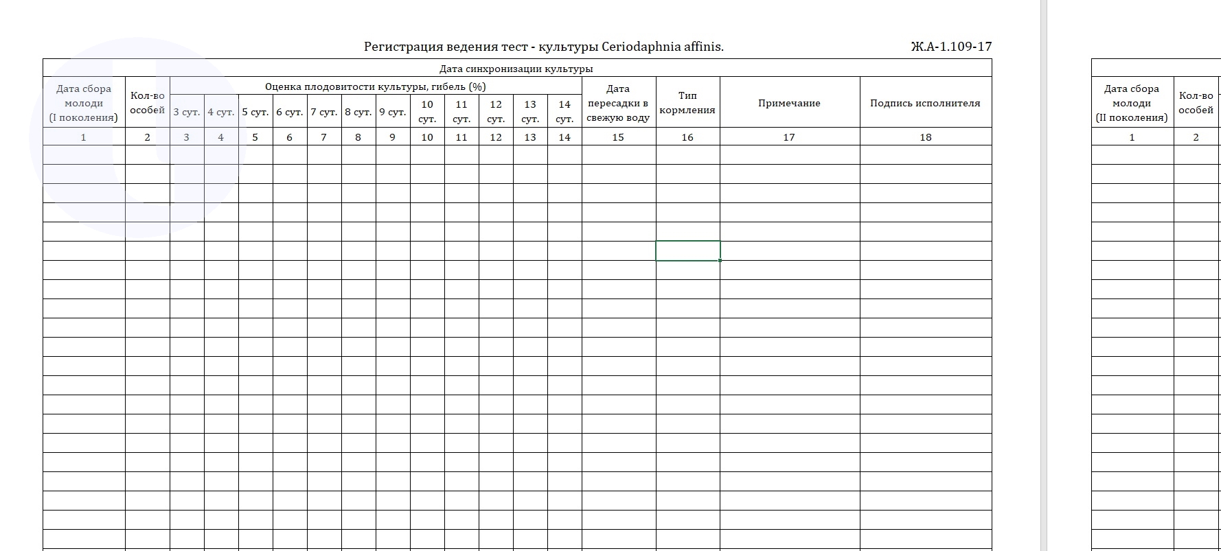 Форма журнала. Регистрация ведения тест - культуры Ceriodaphnia affinis.