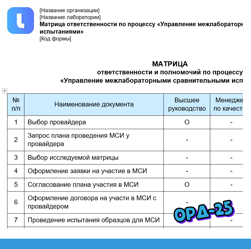 Матрица ответственности по процессу «Управление МСИ»